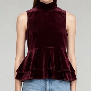 Ronny Kobo Stretch Velvet‎ Mock Neck Peplum Top Maroon Sleeveless size Large